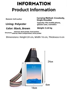 Detailed size chart for PU leather crossbody bag showing dimensions 24x16x6cm with iPad scale