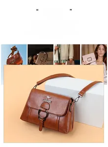 Detail of brown faux leather shoulder bag with stone texture and metal ring buckle