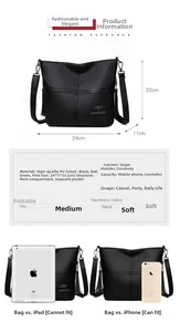 Detailed size chart for black PU leather crossbody bag showing 24x11x22cm dimensions