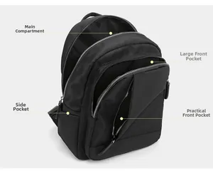 Detailed view of black nylon backpack showing multi-layer compartments and side pockets