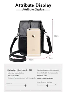 Detailed view of women's compact PU leather crossbody bag with size and capacity specs
