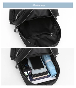 Interior view of spacious oxford fabric backpack showing tablet and daily essentials