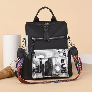 Women Fashion Backpack Oxford Cloth Newspaper Print Multi-Pocket Large Capacity Casual Travel Bag With Colorful Strap