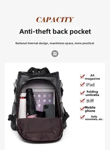 Detail showing the large anti-theft back compartment of the black leather backpack