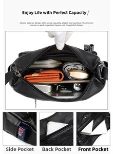 Dettaglio della borsa a tracolla in pelle PU nera con tasche multiple e grande capacità interna