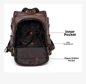 Interior layout of deep brown PU leather backpack with main pocket and zipper compartment