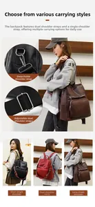Detail of adjustable straps and metal hooks on textured PU leather backpack for women