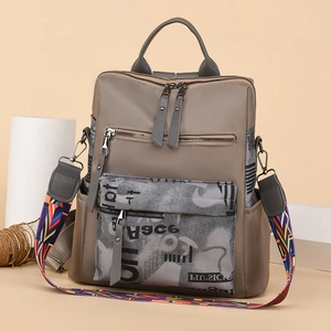 Fashion taupe oxford cloth backpack for women featuring colorful geometric woven strap