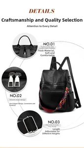 Detail view of black PU leather backpack with vintage texture and colorful woven strap