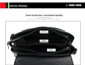 Detail view of the black leather bag's interior featuring dual main compartments and pocket