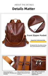 Close-up of brown PU leather backpack with geometric stitching and front zipper pocket