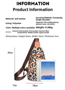 Specifiche dettagliate del borsello leopardato in pelle PU con dimensioni indicate 30x18x7cm