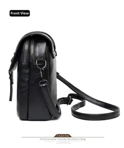 Side view of black PU leather crossbody bag showing dual metal zippers and side buckles