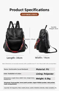 Detailed dimensions of a large black PU leather backpack showing structure and storage capacity