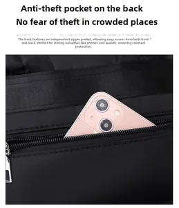 Vue détaillée d'une poche antivol zippée au dos d'un sac à dos noir en tissu Oxford