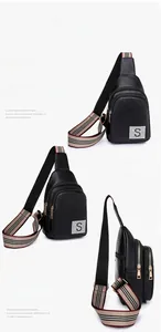 Detailed multi-angle view of black litchi pattern PU leather chest bag with striped strap
