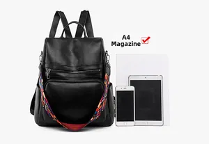 Detail of PU leather backpack with colorful woven strap and space for A4 magazines
