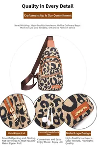 Dettaglio borsa leopardata con foro per auricolari, zip e logo in metallo lucido