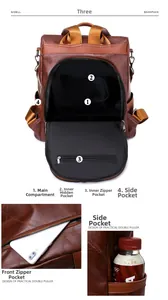 Detailed interior of brown PU leather backpack showing main pocket and zipper compartments