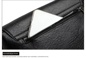 Detailed view of the anti-theft back zipper pocket on black lychee textured PU leather bag