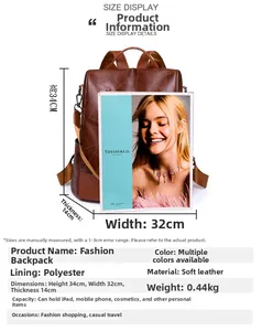Size guide for large soft leather backpack with dimensions 34x32x14cm and capacity details