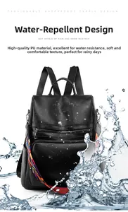 Detailed view of the water-resistant PU leather backpack with a colorful woven strap