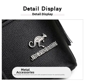Detail of metal kangaroo logo and lychee pattern on black faux leather crossbody bag