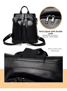 Detail of black PU leather backpack with anti-theft back zipper and neat reinforced stitching