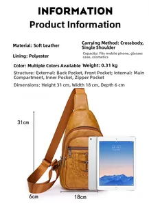 Brown PU leather chest bag dimensions 31x18x6cm shown with tablet for size reference
