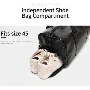 Black faux leather travel bag featuring a separate shoe compartment and lychee texture