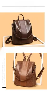 Detail of soft faux leather texture and kangaroo logo on large capacity backpacks