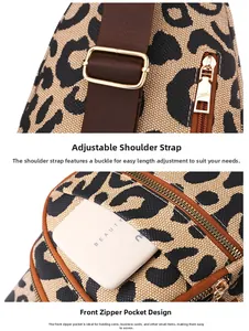 Dettaglio della borsa leopardata con tracolla regolabile e tasca con zip frontale