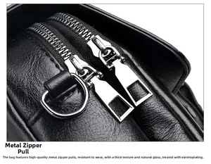 Macro detail of high-quality silver electroplated metal zipper on black lychee leather bag