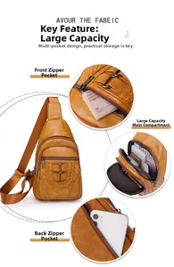 Detail view of the brown PU leather crossbody bag showing spacious interior zipper compartments