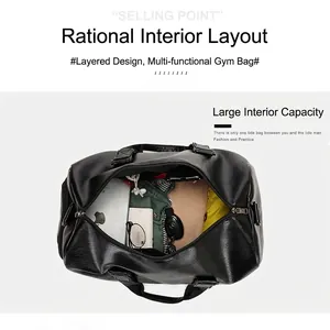 Black leather travel duffel bag with spacious interior and separate shoe compartment