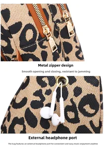 Dettaglio borsa leopardata con cerniere dorate e foro esterno per le cuffie audio