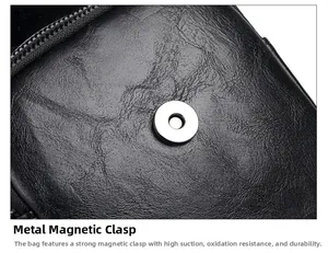 Detail of premium black lychee pattern leather handbag with durable magnetic metal clasp