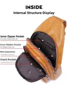 Internal structure of caramel PU leather chest bag showing space for iPad Mini
