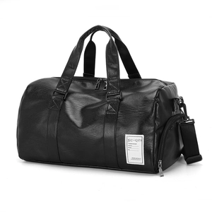 Black leather travel bag with independent shoe compartment and detachable shoulder strap