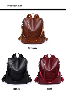 Three large capacity backpacks in brown, black, and red with geometric stitching