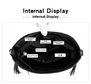 Internal display of large PU leather bag with multiple compartments and zipper pockets
