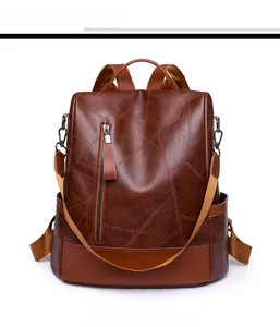 Front view of a brown PU leather backpack with vintage texture and geometric stitching
