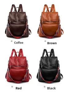 Multiple colors of women PU leather backpacks with colorful ethnic shoulder straps