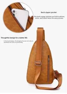 Detail view of brown PU leather chest bag featuring a secure back hidden zipper pocket