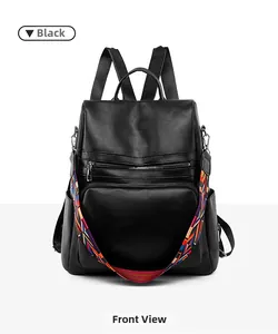 Detail of black PU leather backpack featuring a vibrant ethnic style woven shoulder strap