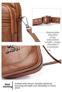 Detail of brown litchi pattern PU leather crossbody bag with metal hooks and adjustable strap