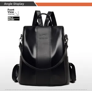 Front view of black soft PU leather backpack with kangaroo logo and adjustable straps