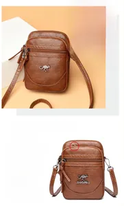 Detailed macro of brown lychee leather phone bag with metal logo and headphone port