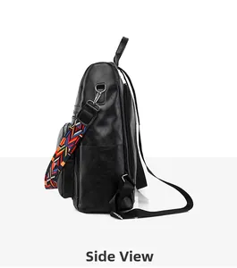 Side view of black PU leather backpack featuring colorful geometric woven shoulder strap