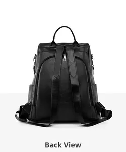 Back view of black pebble grain PU leather backpack with wide adjustable straps